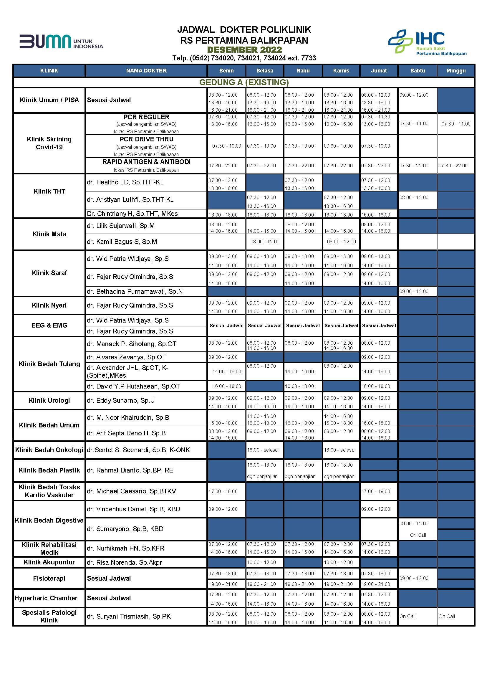 Jadwal Dokter - Rumah Sakit Pertamina Balikpapan